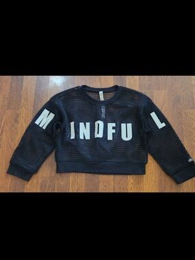 ALO Yoga Black Mesh 'MINDFU' Cropped Crew Sweater